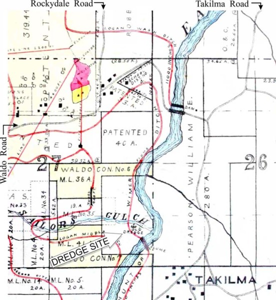 Map from 1911 shows location of "old dredge" near Takilma, southwest Oregon